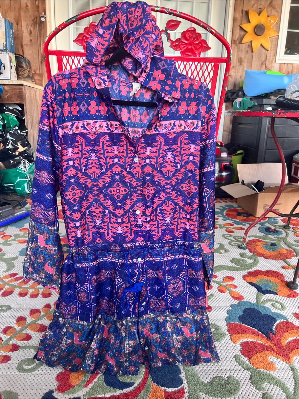 RAGA Long-Sleeve Hooded Printed Shift Dress in Blue and Pink